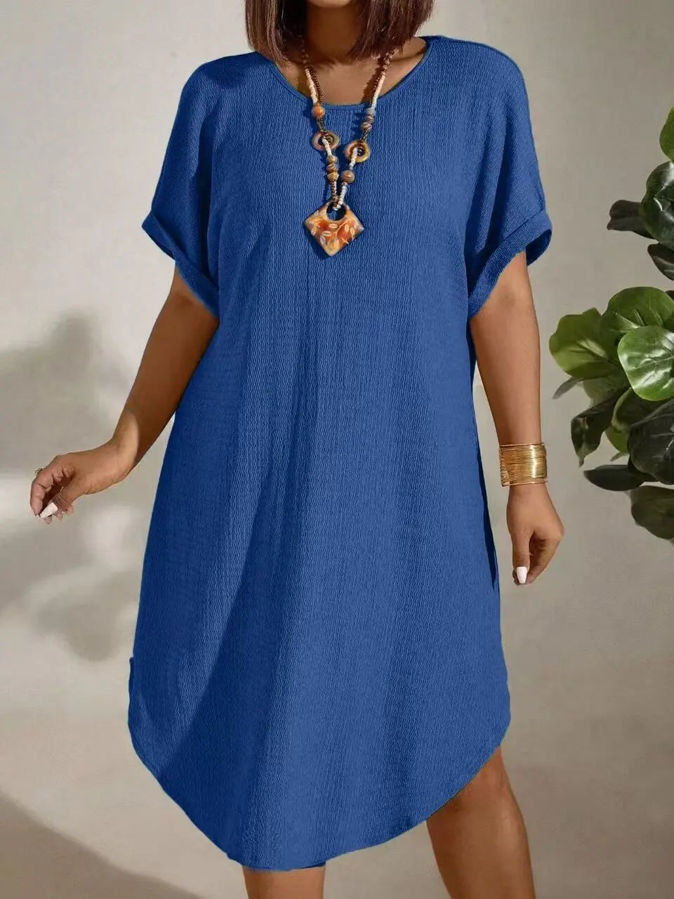 European and American large-size women's clothing 2025 summer new short-sleeved solid color dress large-size