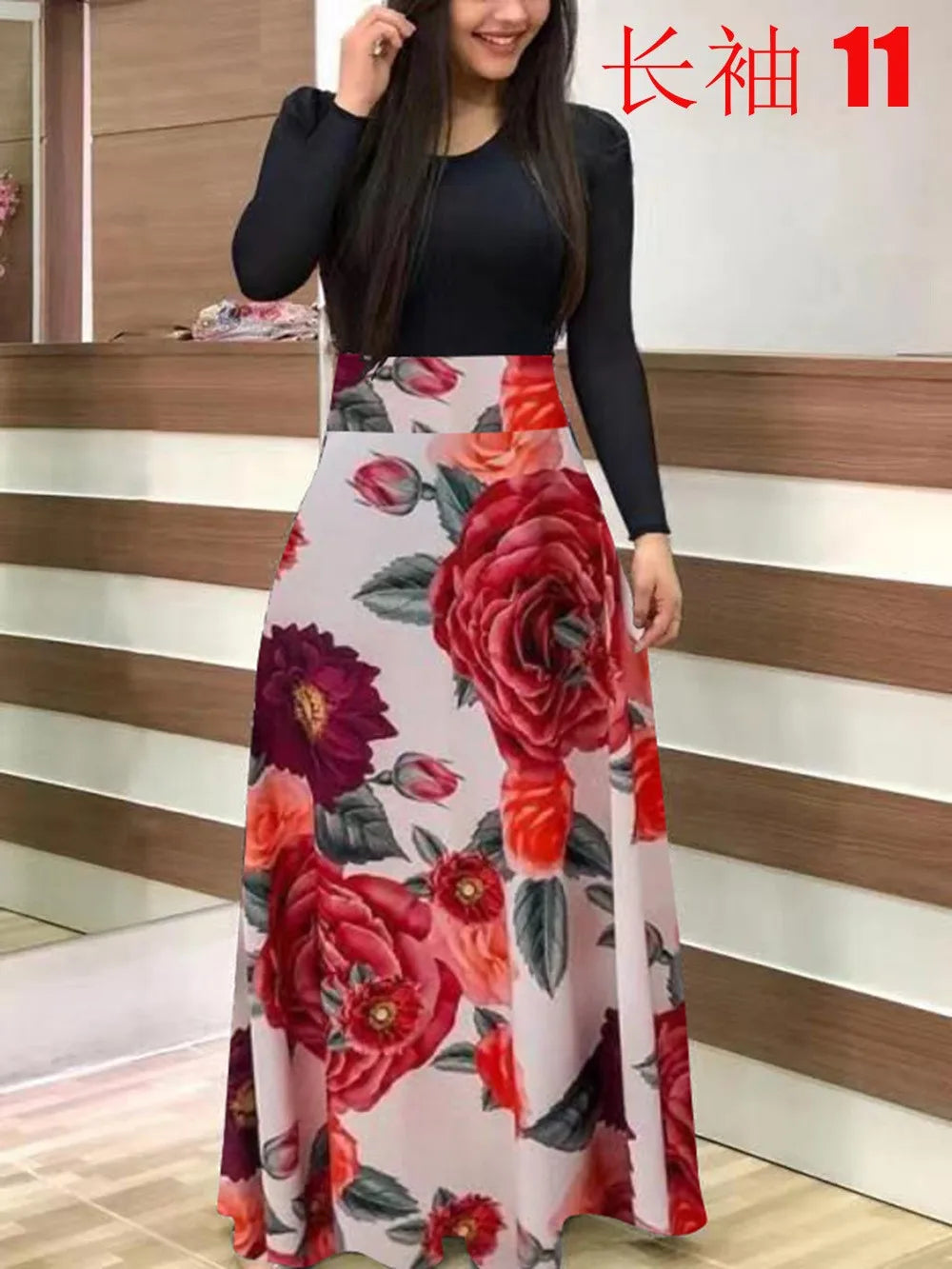 Autumn hot selling European and American flower color matching dresses, long dresses, women's clothing in stock