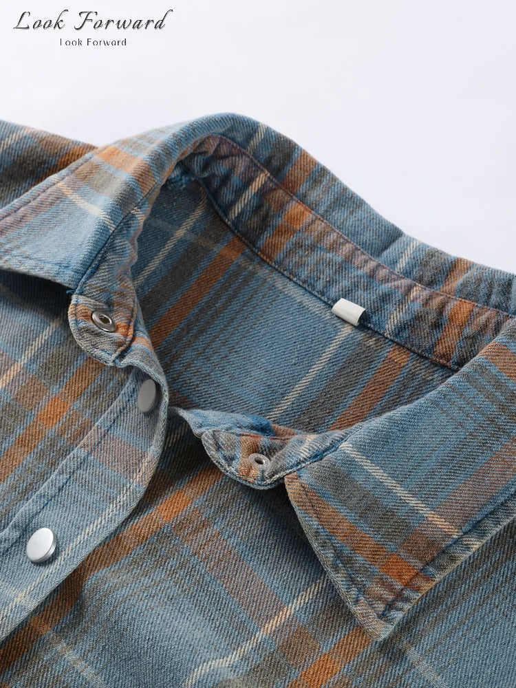 Grid Shirt Women Loose Lapel Full Sleeves Single Breasted Pockets Blouse Female Female 2025 Autumn Casual Top Lady Streetwear