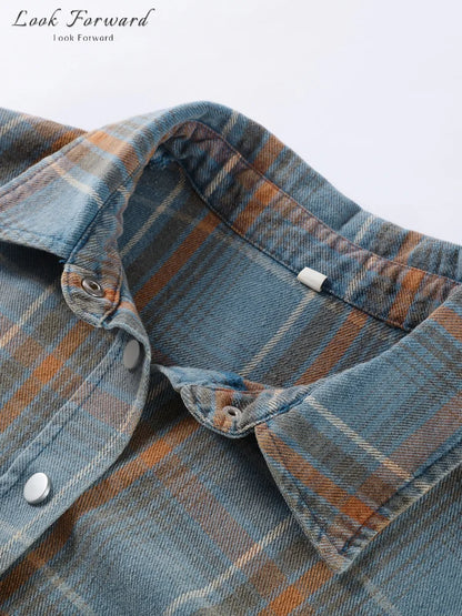 Grid Shirt Women Loose Lapel Full Sleeves Single Breasted Pockets Blouse Female Female 2025 Autumn Casual Top Lady Streetwear