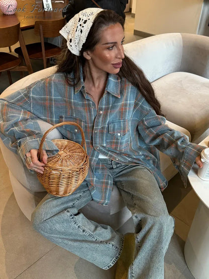 Grid Shirt Women Loose Lapel Full Sleeves Single Breasted Pockets Blouse Female Female 2025 Autumn Casual Top Lady Streetwear