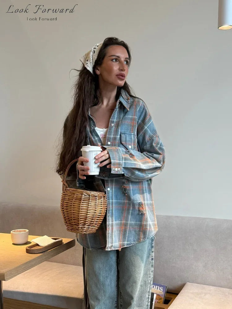 Grid Shirt Women Loose Lapel Full Sleeves Single Breasted Pockets Blouse Female Female 2025 Autumn Casual Top Lady Streetwear