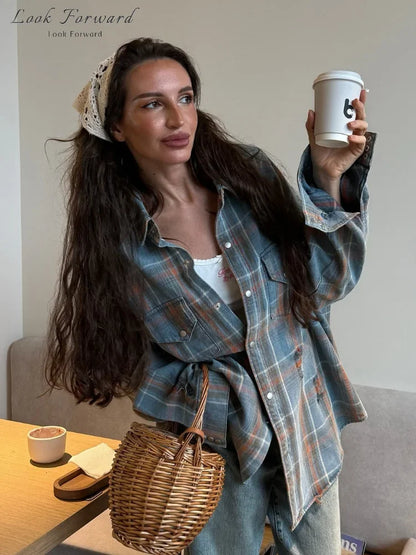 Grid Shirt Women Loose Lapel Full Sleeves Single Breasted Pockets Blouse Female Female 2025 Autumn Casual Top Lady Streetwear