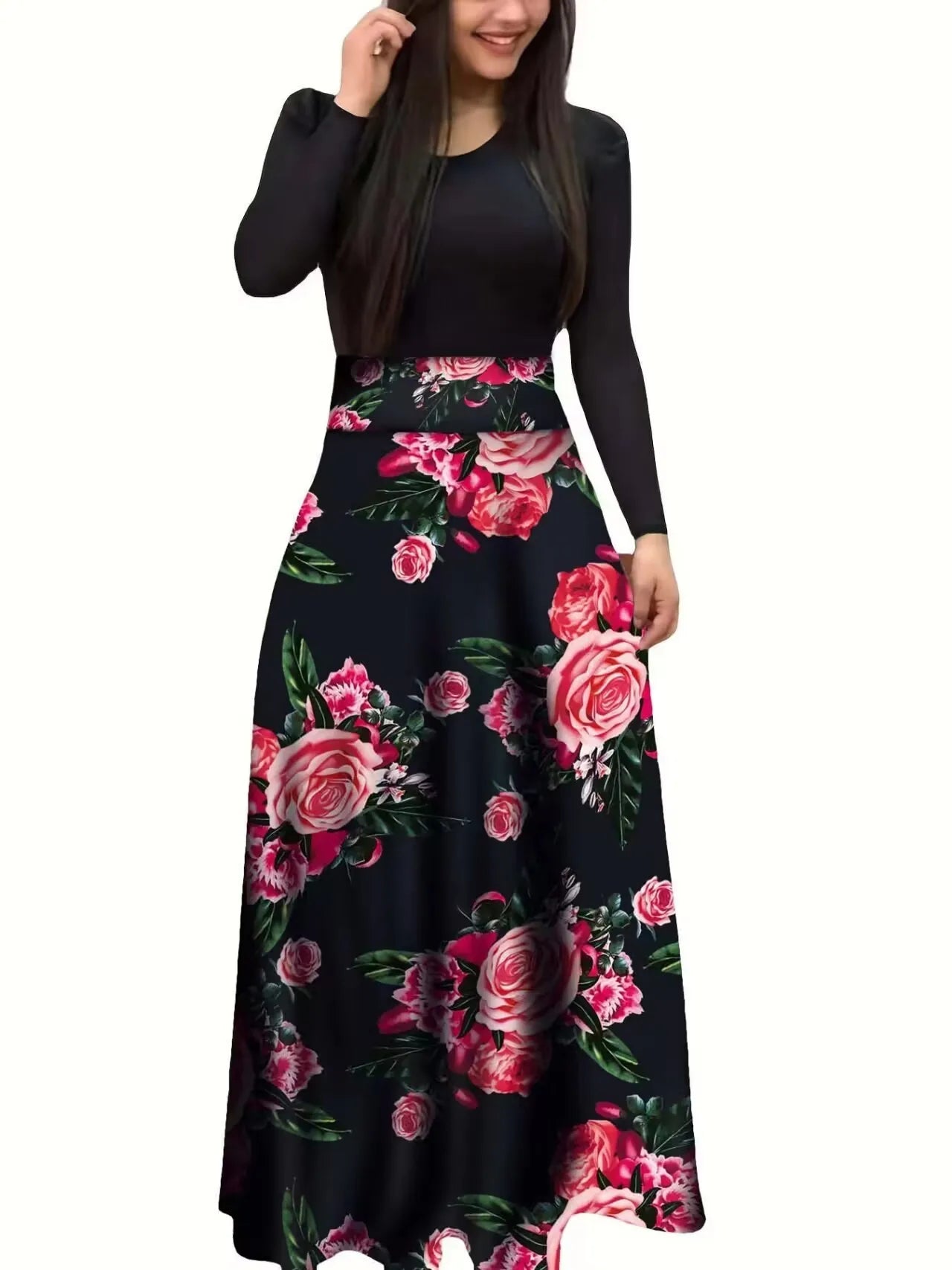 Autumn hot selling European and American flower color matching dresses, long dresses, women's clothing in stock