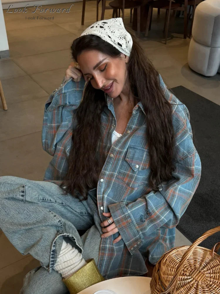 Grid Shirt Women Loose Lapel Full Sleeves Single Breasted Pockets Blouse Female Female 2025 Autumn Casual Top Lady Streetwear