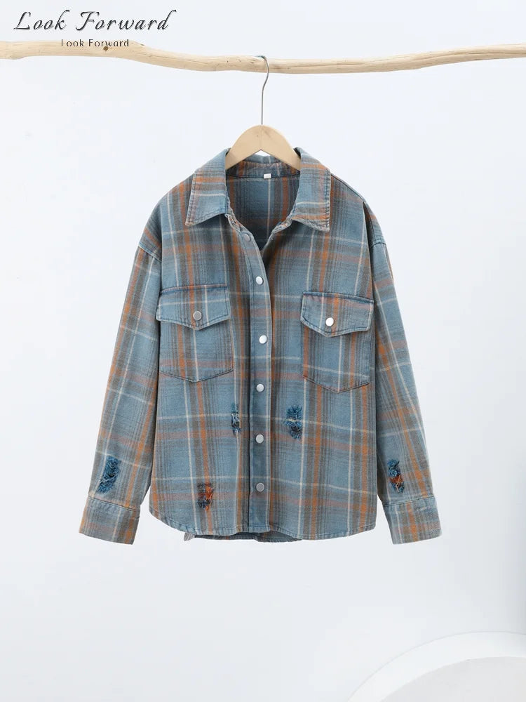 Grid Shirt Women Loose Lapel Full Sleeves Single Breasted Pockets Blouse Female Female 2025 Autumn Casual Top Lady Streetwear