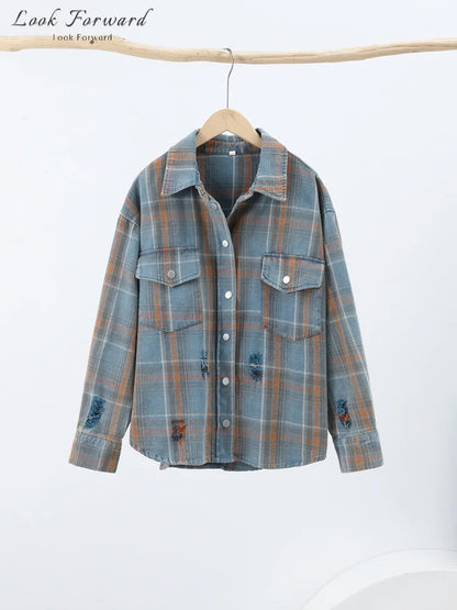 Grid Shirt Women Loose Lapel Full Sleeves Single Breasted Pockets Blouse Female Female 2025 Autumn Casual Top Lady Streetwear