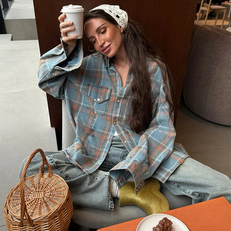 Grid Shirt Women Loose Lapel Full Sleeves Single Breasted Pockets Blouse Female Female 2025 Autumn Casual Top Lady Streetwear