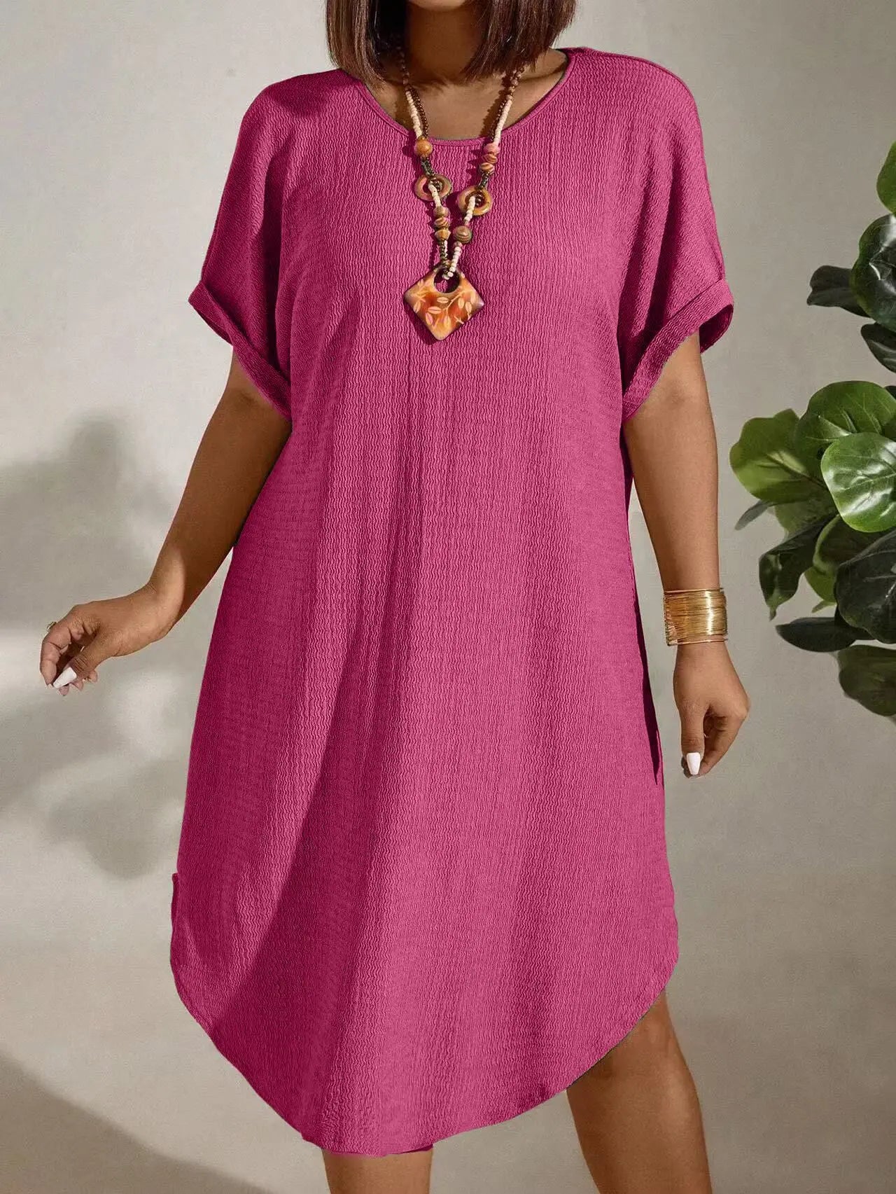 European and American large-size women's clothing 2025 summer new short-sleeved solid color dress large-size