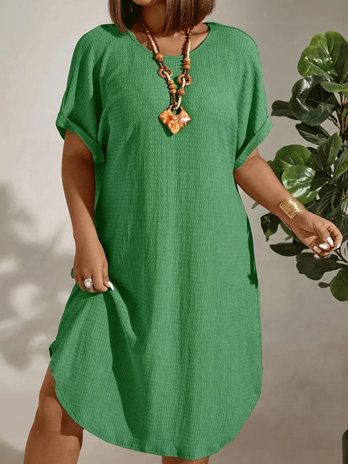 European and American large-size women's clothing 2025 summer new short-sleeved solid color dress large-size