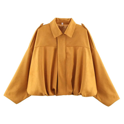 ETJ 2025  Spring new women's suede texture effect Loose version of fashion lapel shoulder bomber jacket