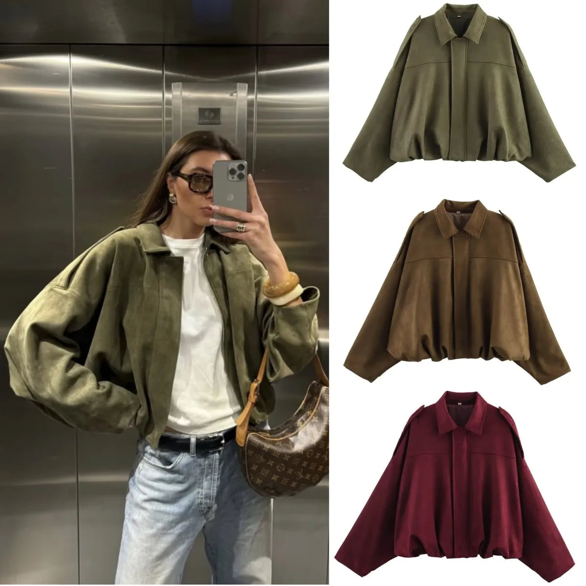 ETJ 2025  Spring new women's suede texture effect Loose version of fashion lapel shoulder bomber jacket